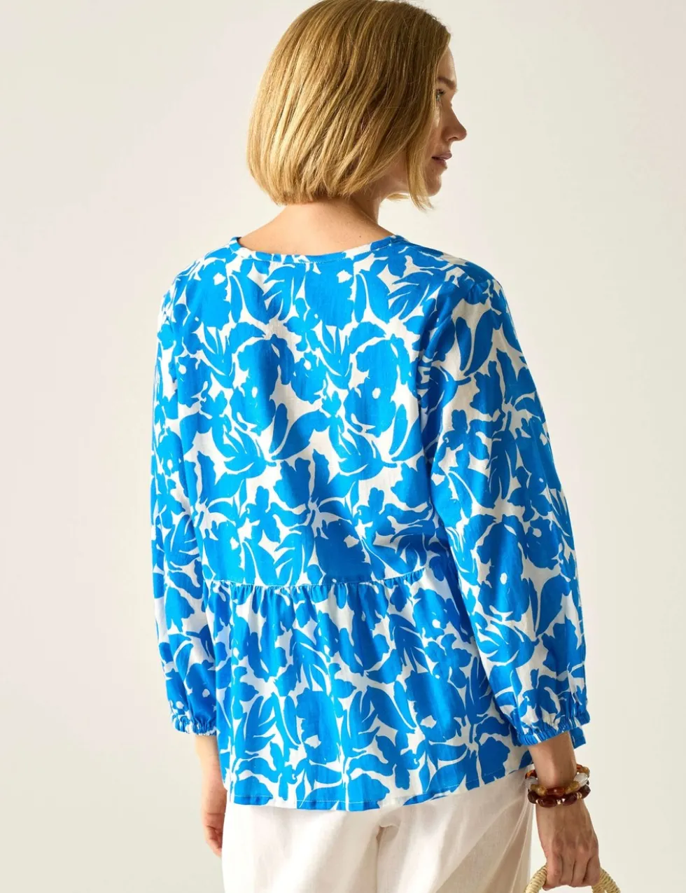Primden Cotton Rich Tie Neck Blouse With Linen