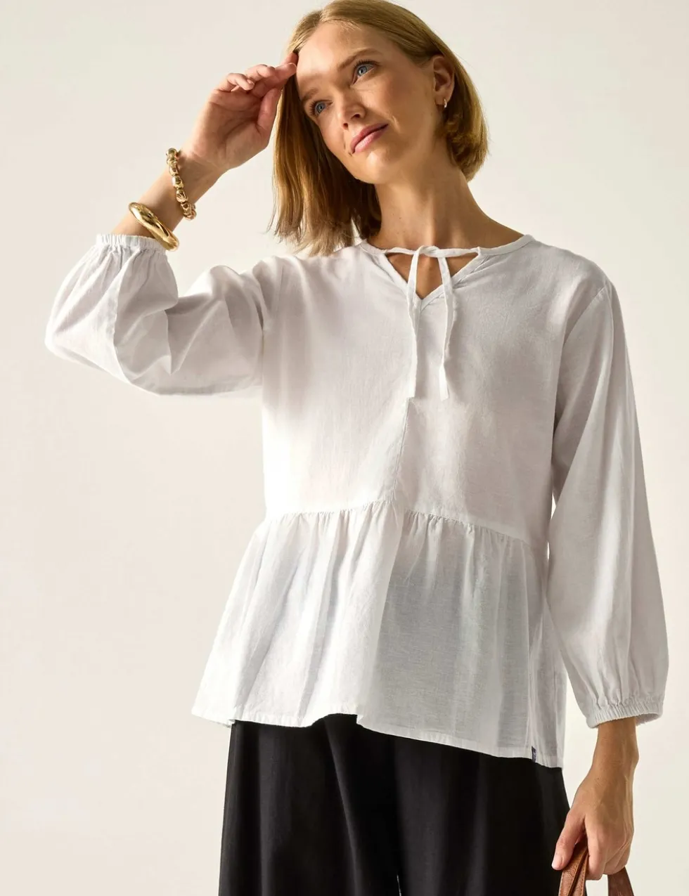 Primden Cotton Rich Tie Neck Blouse With Linen