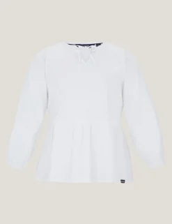 Primden Cotton Rich Tie Neck Blouse With Linen
