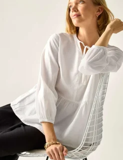 Primden Cotton Rich Tie Neck Blouse With Linen