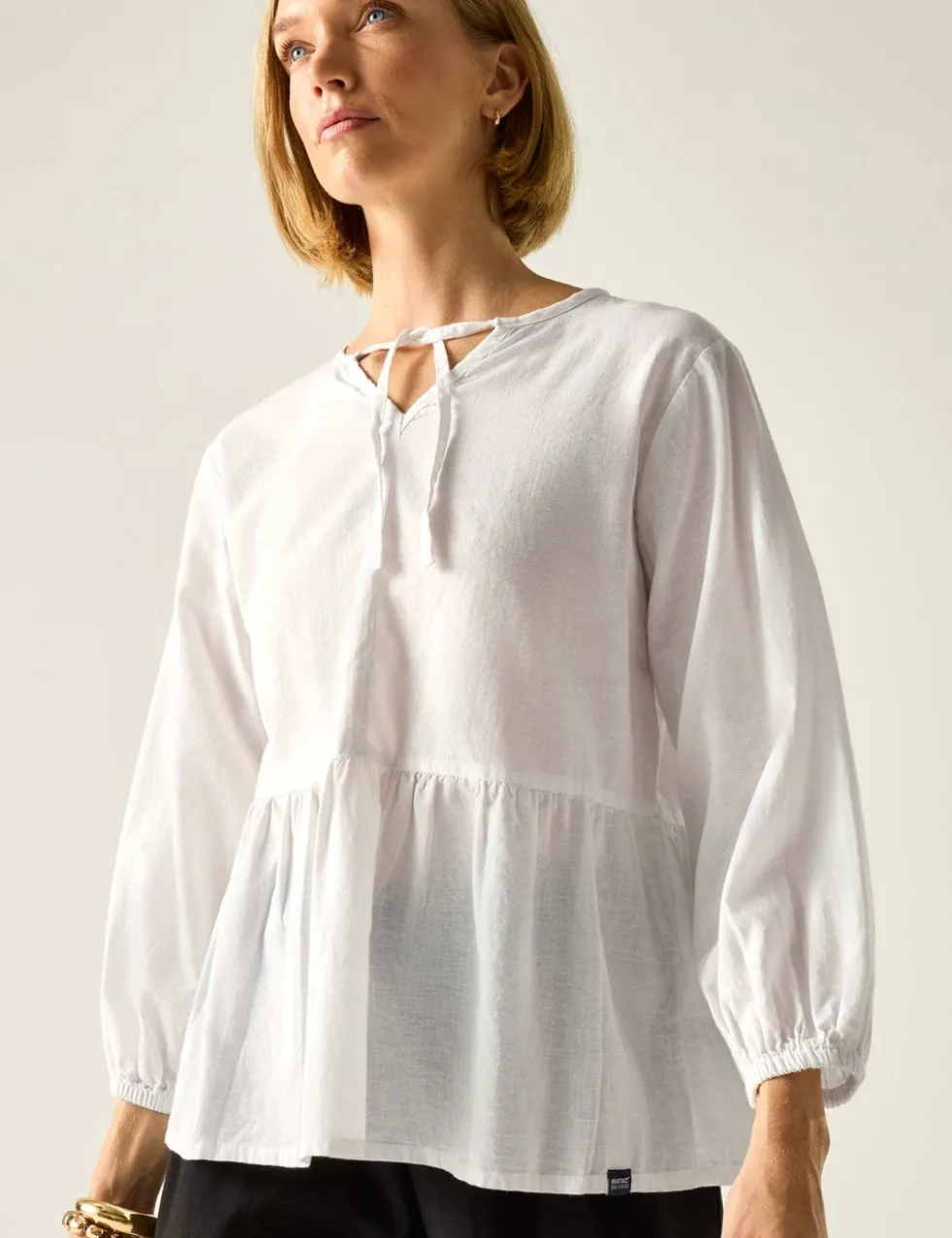 Primden Cotton Rich Tie Neck Blouse With Linen