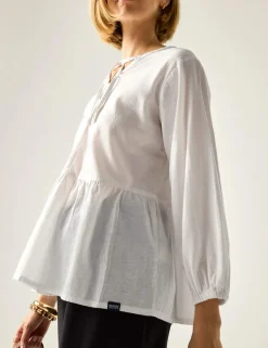 Primden Cotton Rich Tie Neck Blouse With Linen