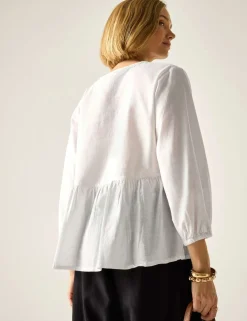 Primden Cotton Rich Tie Neck Blouse With Linen