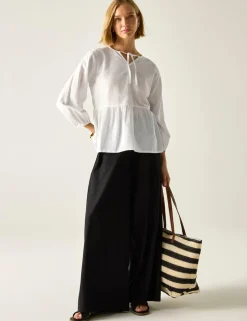 Primden Cotton Rich Tie Neck Blouse With Linen
