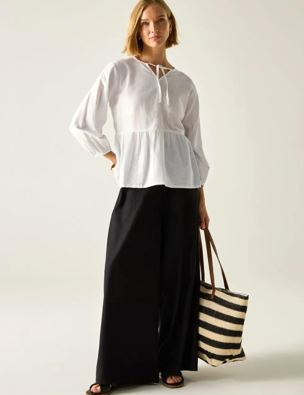 Primden Cotton Rich Tie Neck Blouse With Linen