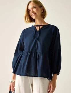 Primden Cotton Rich Tie Neck Blouse With Linen