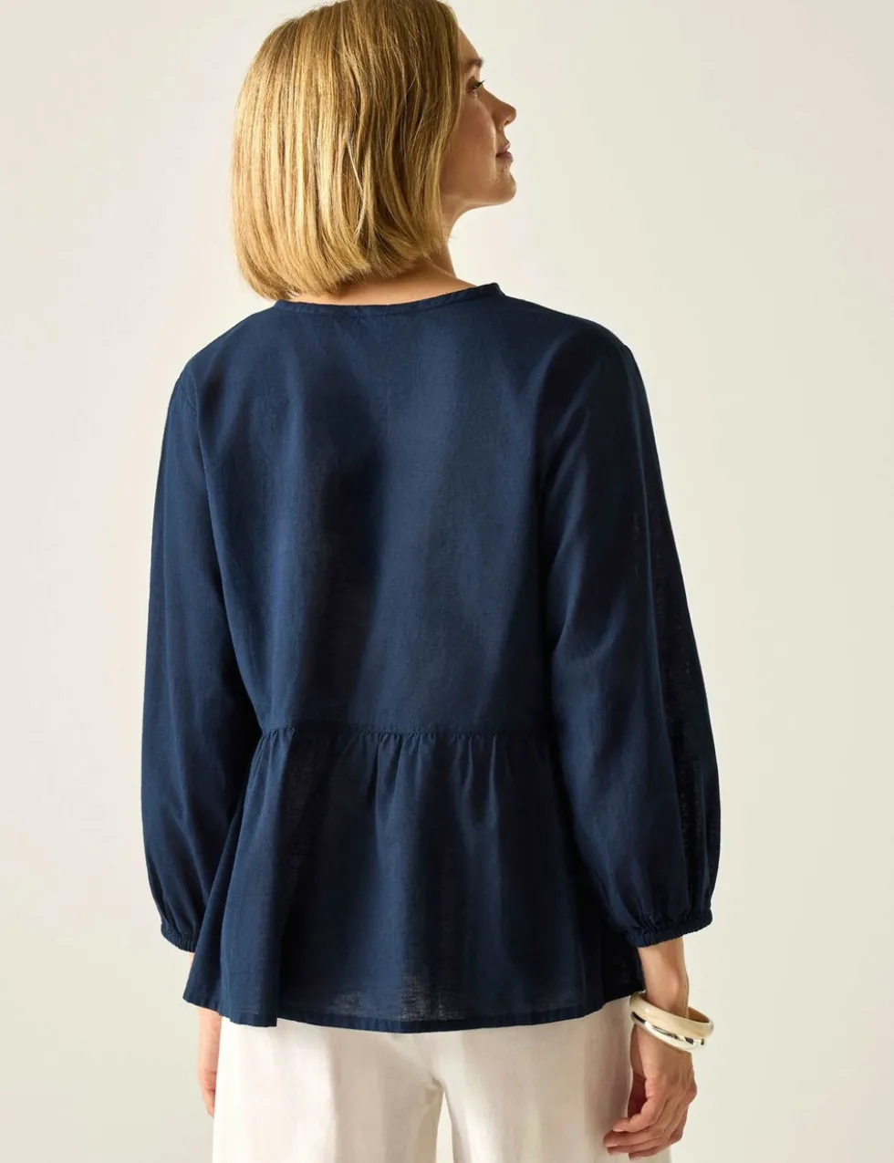 Primden Cotton Rich Tie Neck Blouse With Linen