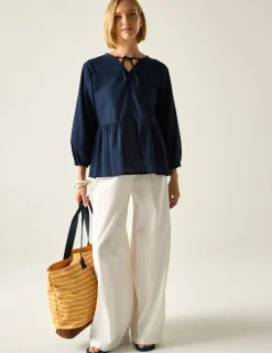 Primden Cotton Rich Tie Neck Blouse With Linen