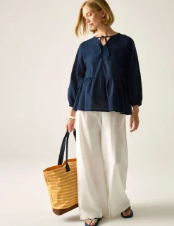Primden Cotton Rich Tie Neck Blouse With Linen