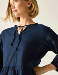 Primden Cotton Rich Tie Neck Blouse With Linen