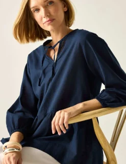Primden Cotton Rich Tie Neck Blouse With Linen