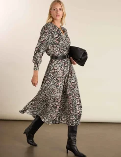 Printed Band Collar Midi Waisted Dress
