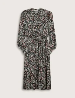 Printed Band Collar Midi Waisted Dress