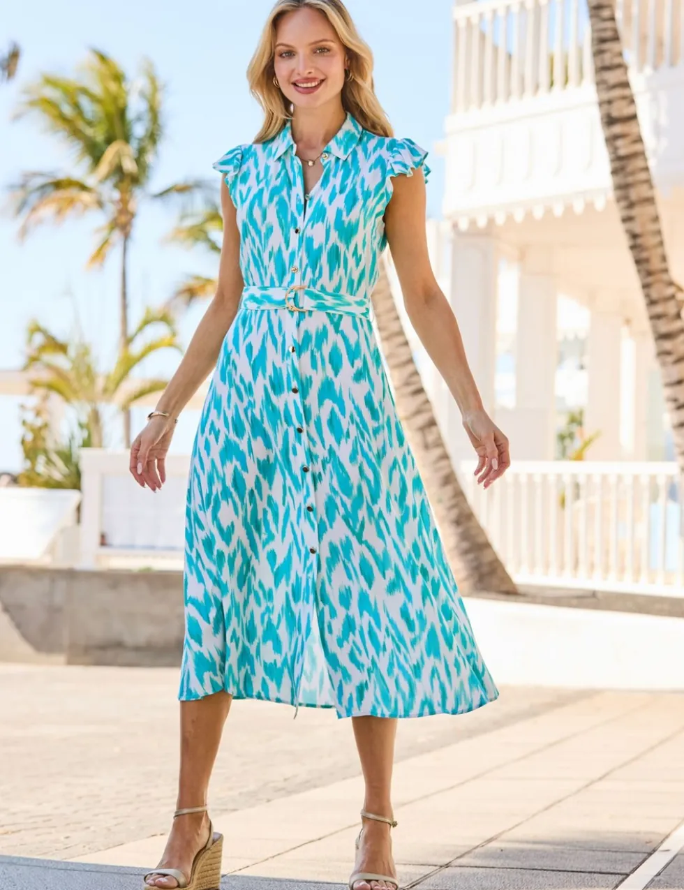 Printed Belted Midi Shirt Dress