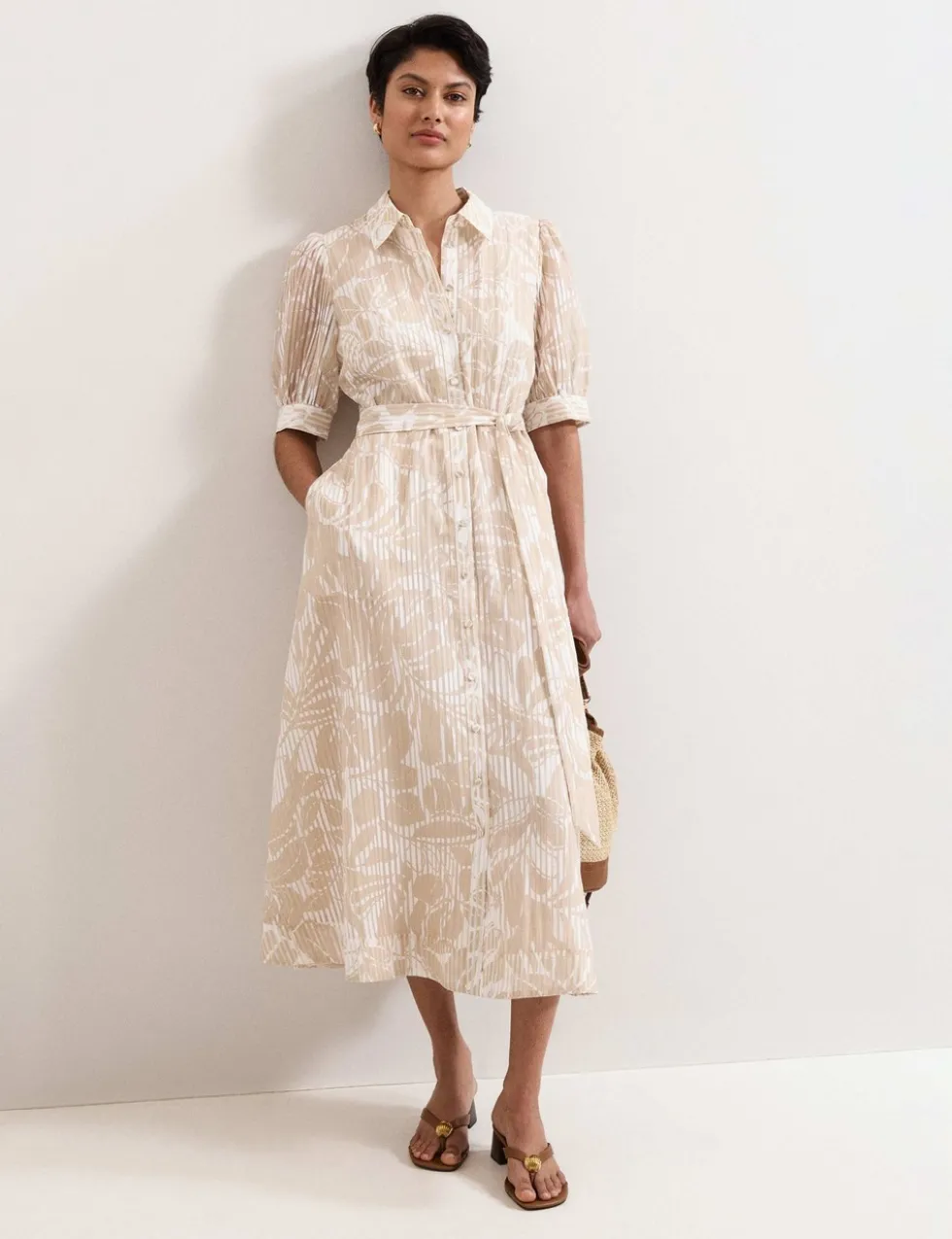 Printed Belted Midi Shirt Dress