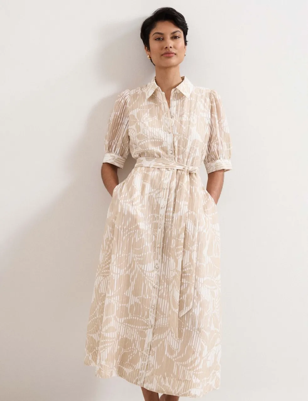 Printed Belted Midi Shirt Dress
