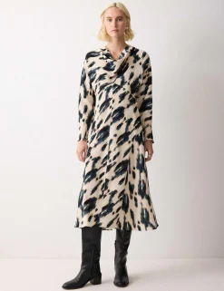 Printed Cowl Neck Midi Waisted Dress