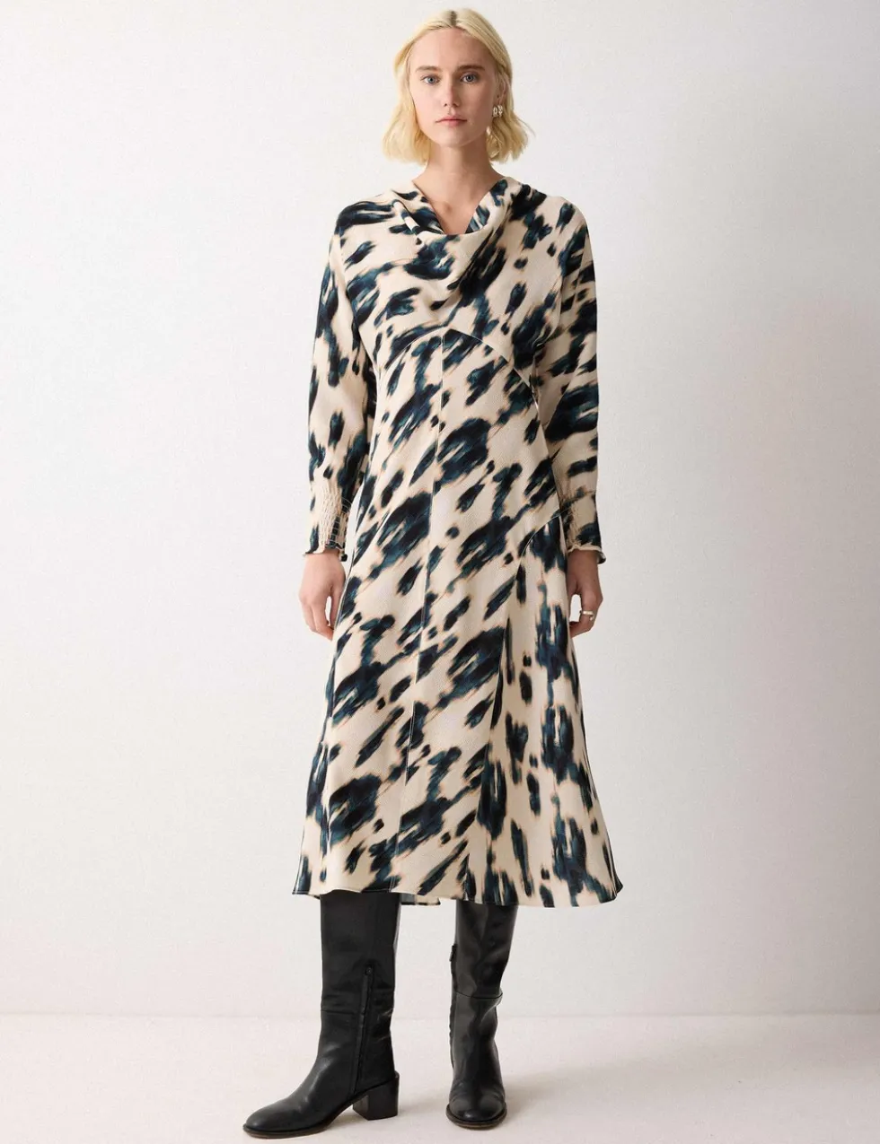 Printed Cowl Neck Midi Waisted Dress