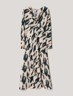 Printed Cowl Neck Midi Waisted Dress