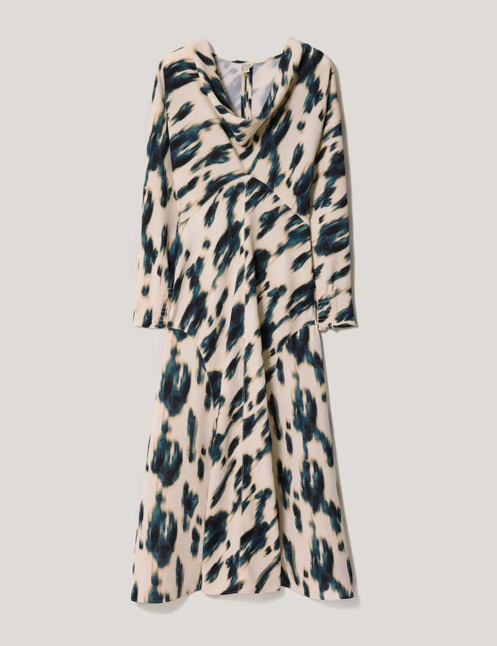 Printed Cowl Neck Midi Waisted Dress