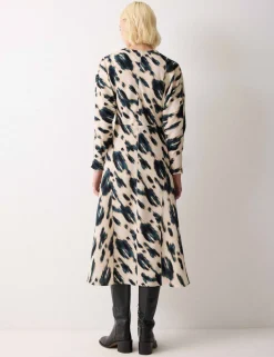 Printed Cowl Neck Midi Waisted Dress