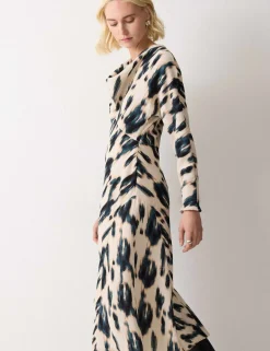 Printed Cowl Neck Midi Waisted Dress