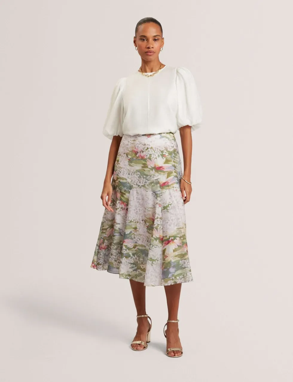 Printed Diagonal Seam Midi Slip Skirt