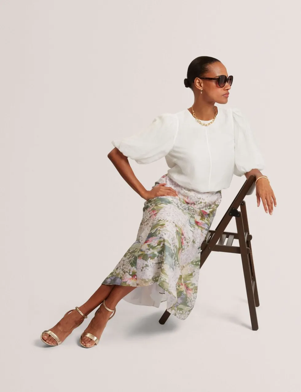 Printed Diagonal Seam Midi Slip Skirt