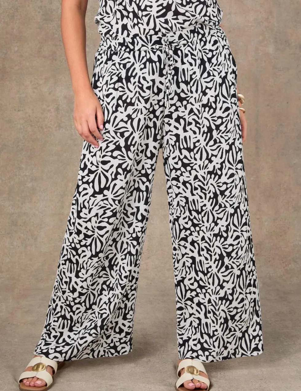 Printed Drawstring Wide Leg Trousers