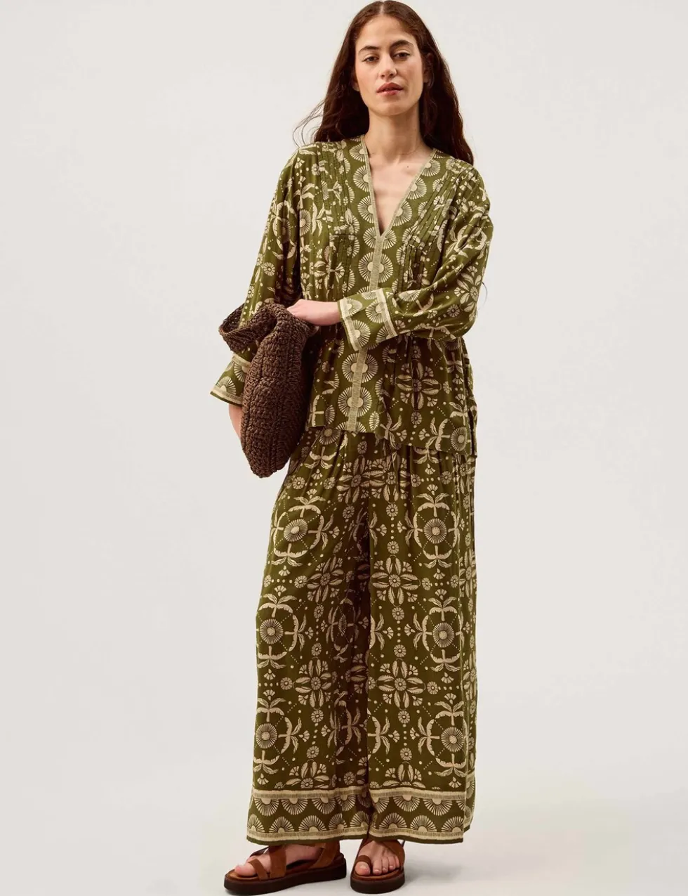 Printed Drawstring Wide Leg Trousers