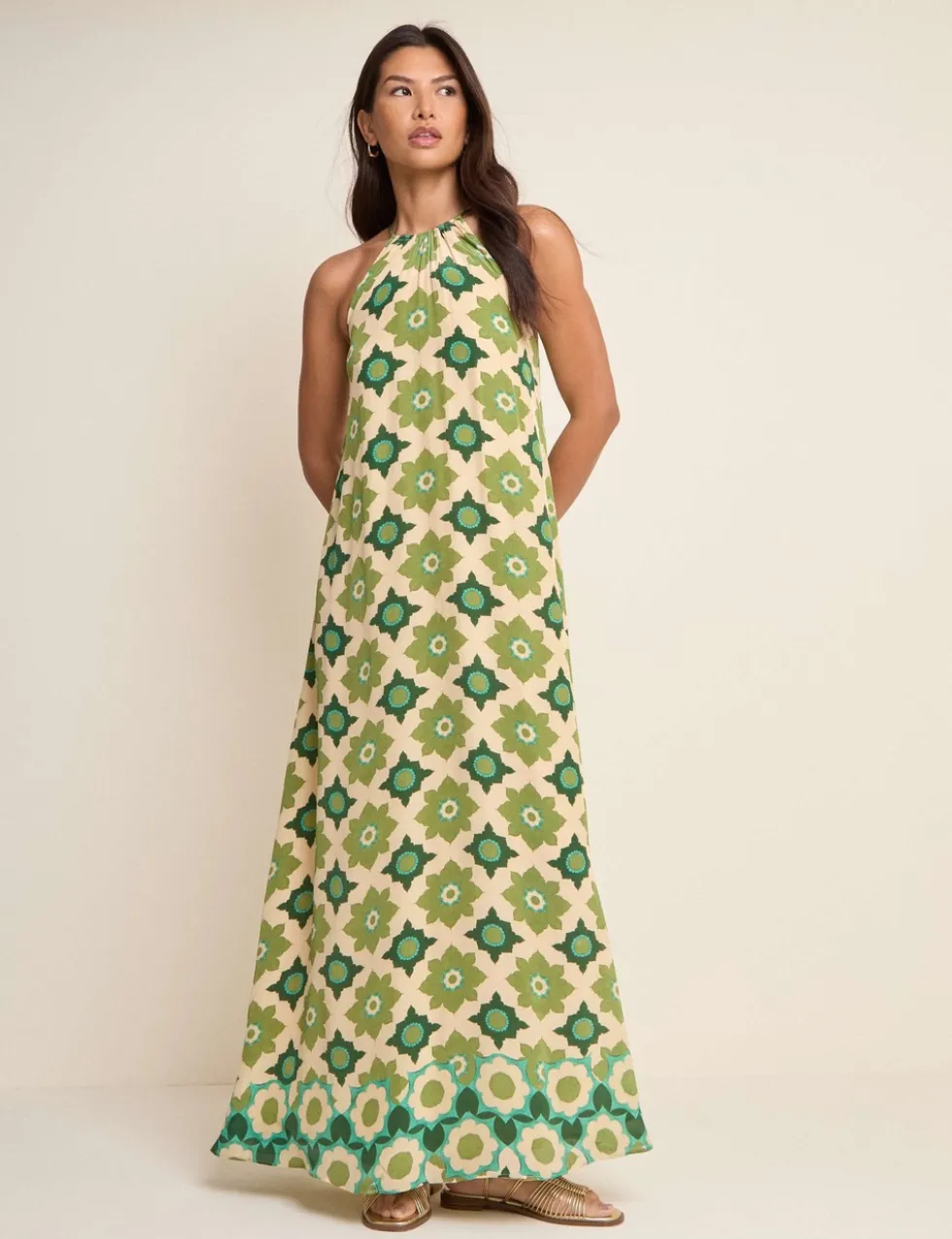 Printed Halter Neck Maxi Smock Dress