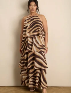 Printed Halter Neck Maxi Tiered Dress