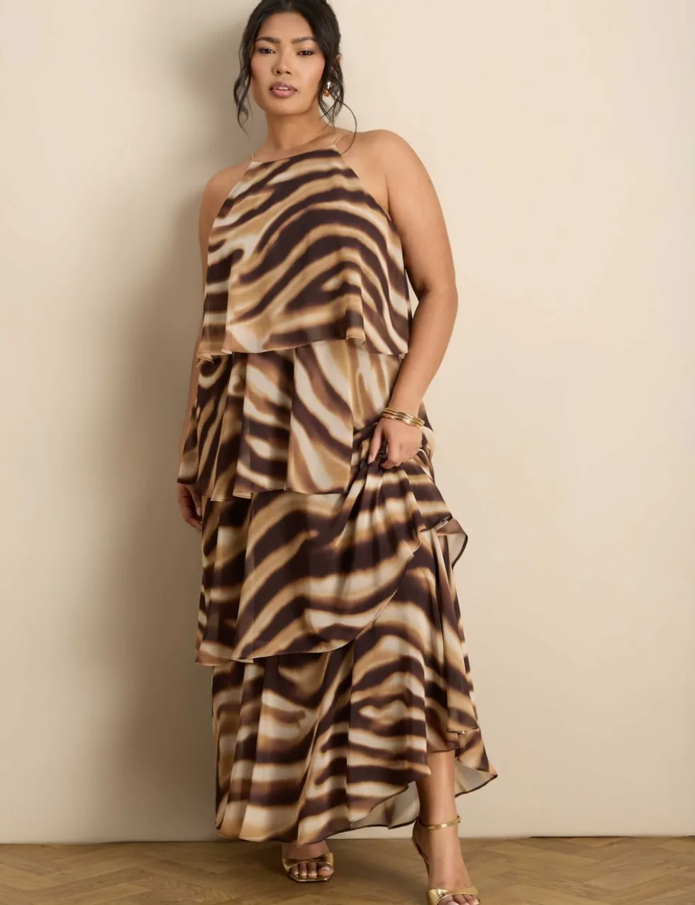 Printed Halter Neck Maxi Tiered Dress