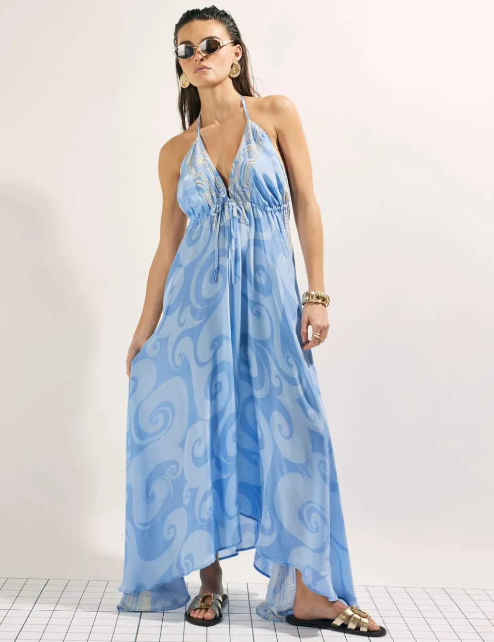 Printed Halter Neck Maxi Beach Dress