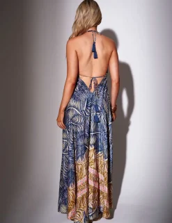 Printed Halterneck Tie Back Maxi Beach Dress
