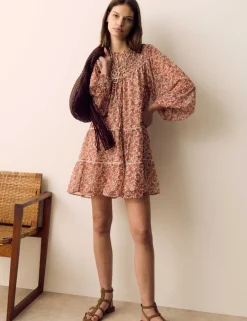 Printed Ladder Lace Insert Mini Smock Dress