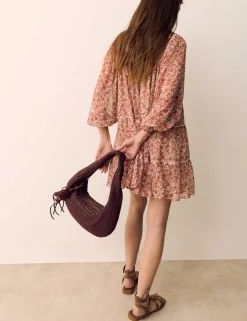 Printed Ladder Lace Insert Mini Smock Dress