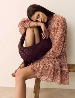 Printed Ladder Lace Insert Mini Smock Dress