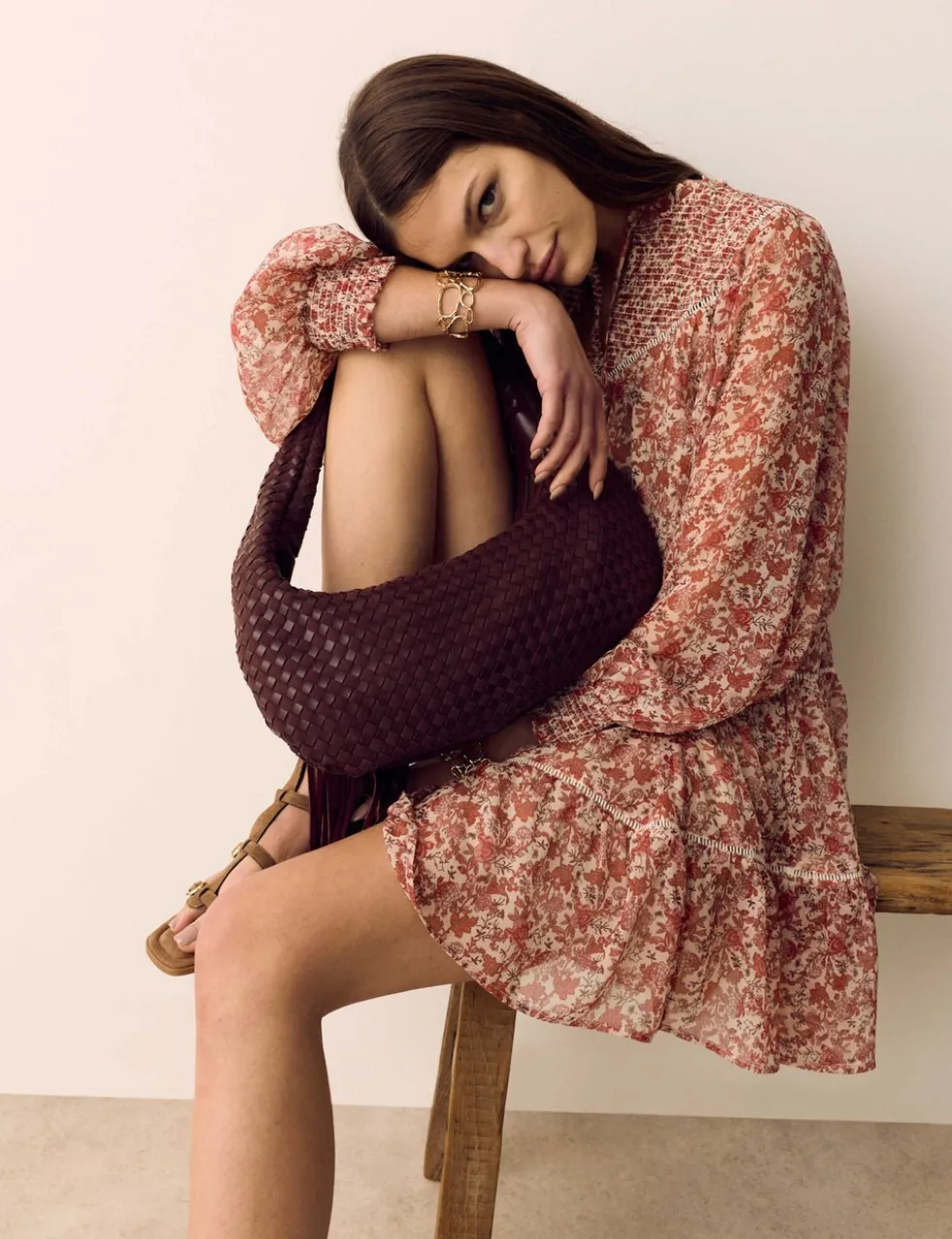 Printed Ladder Lace Insert Mini Smock Dress