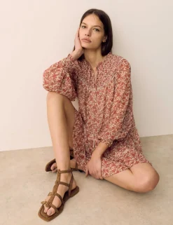 Printed Ladder Lace Insert Mini Smock Dress