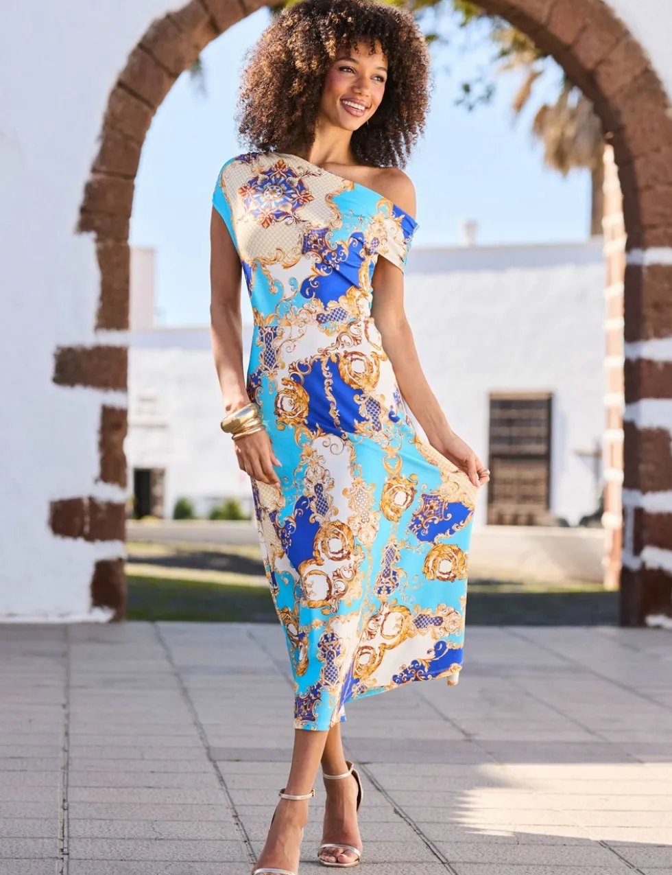 Printed One Shoulder Midi Dress