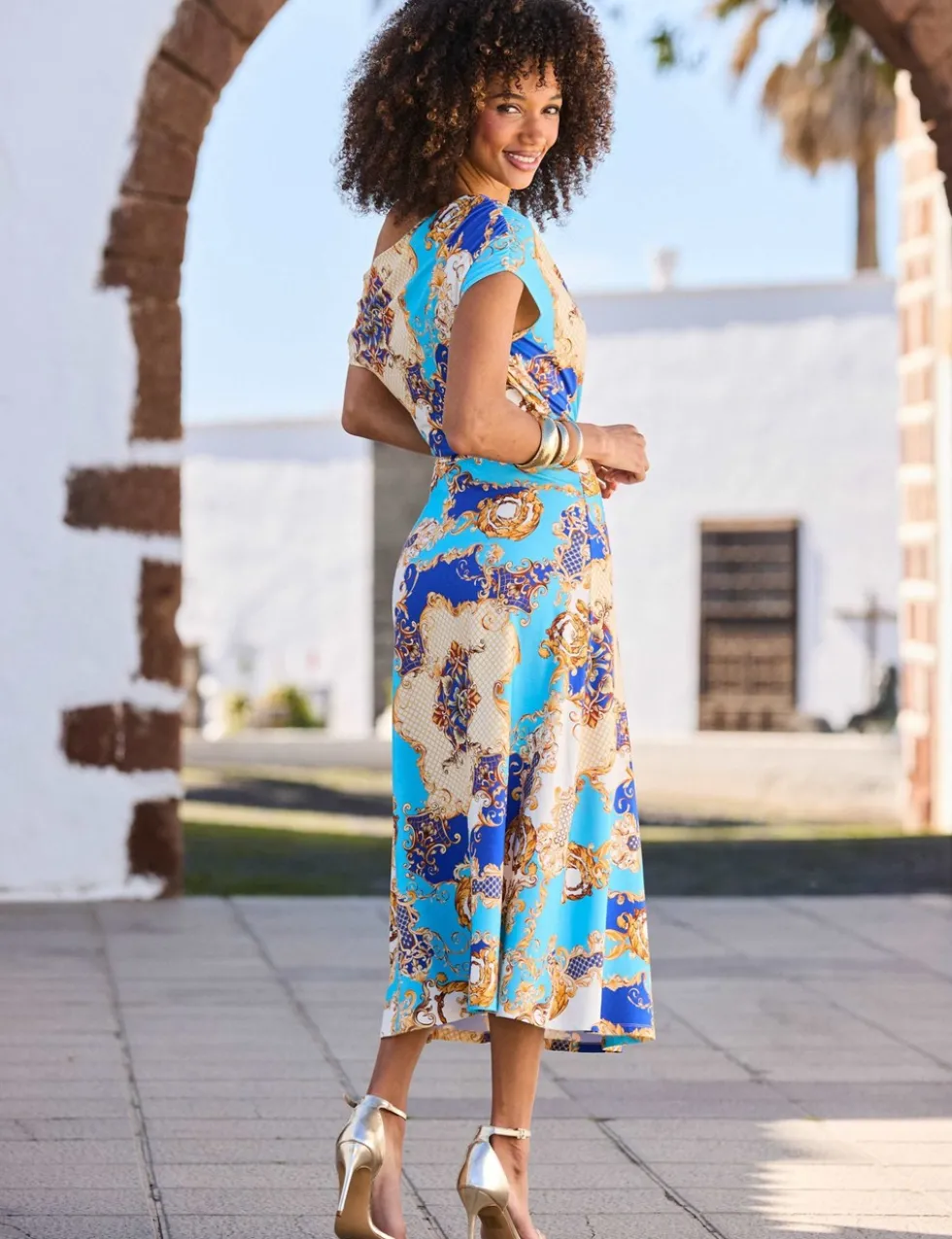 Printed One Shoulder Midi Dress