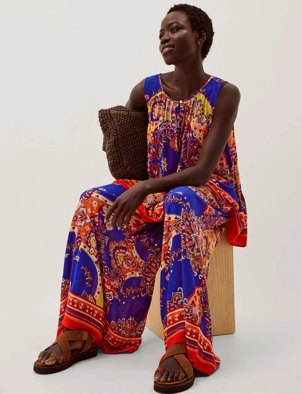 Printed Pull On Wide Leg Trousers