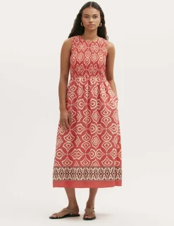 Printed Round Neck Midi Shirred Dress