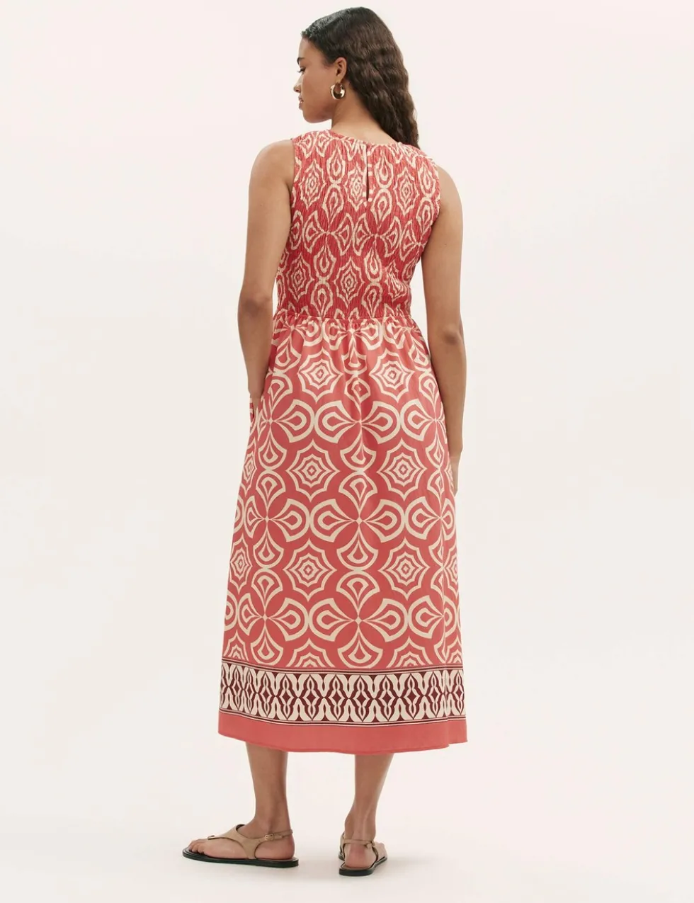 Printed Round Neck Midi Shirred Dress