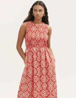 Printed Round Neck Midi Shirred Dress
