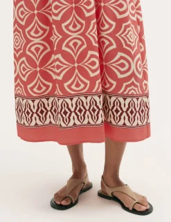 Printed Round Neck Midi Shirred Dress