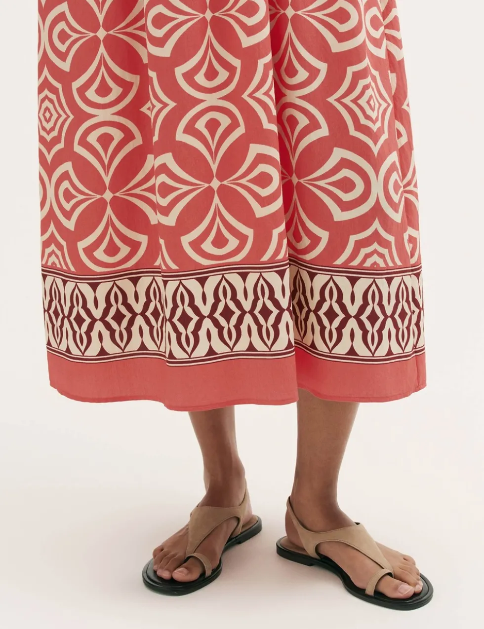 Printed Round Neck Midi Shirred Dress