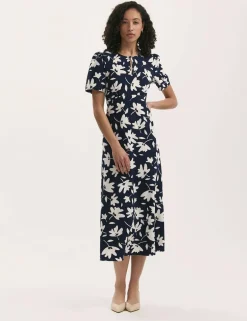 Printed Round Neck Midi Tea Dress