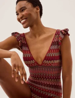 Printed Ruffle V-Neck Swimsuit